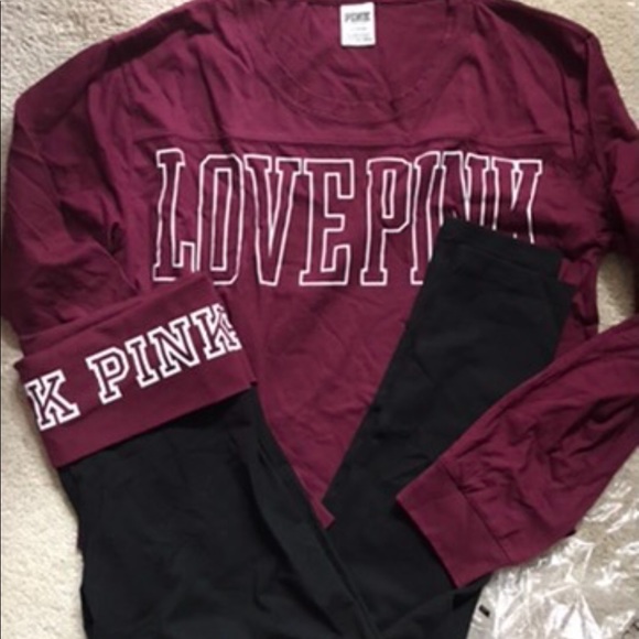 NIP VS PINK COTTON LEGGINGS LONG SLEEVE TEE RUBY - Picture 1 of 8
